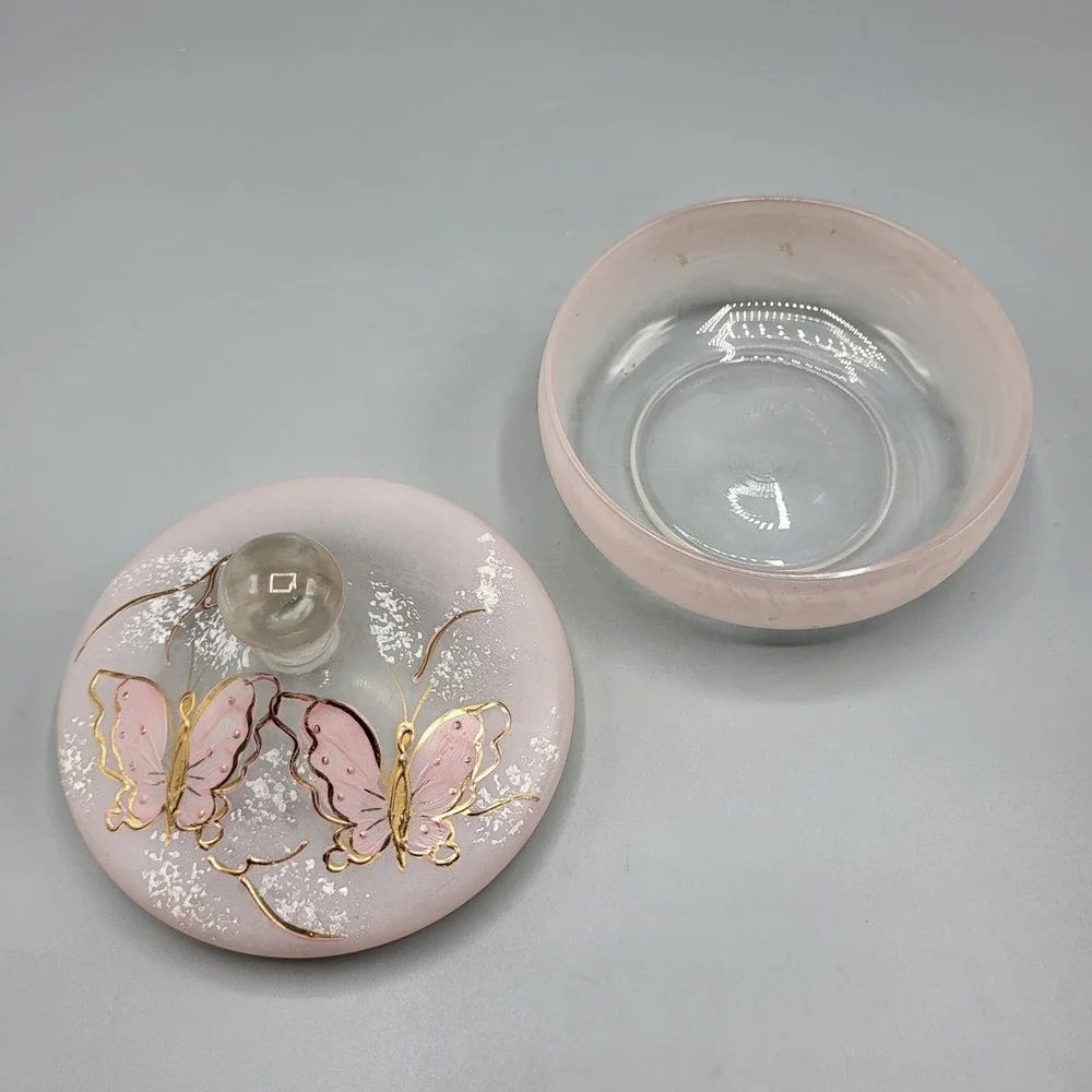 Butterfly Trinket Dish Vanity Jar Frosted Pink Glass Gold Accents Hand Painted
